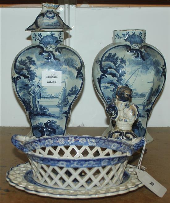 Pair 18th century Dutch delft lidded baluster vases (a.f), Staffs blue & white cake basket and stand